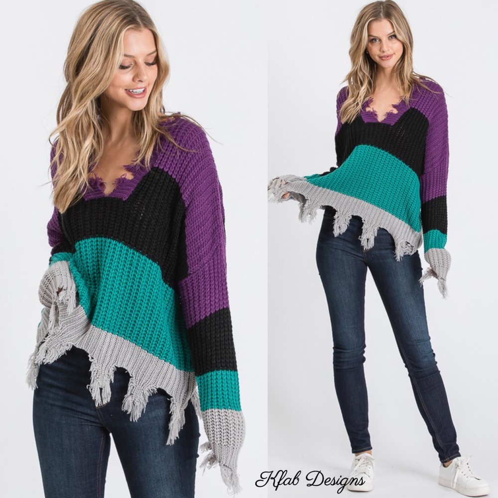 LAST 1! V Neck Destroyed Vibrant Sweater! - Picture 3 of 6